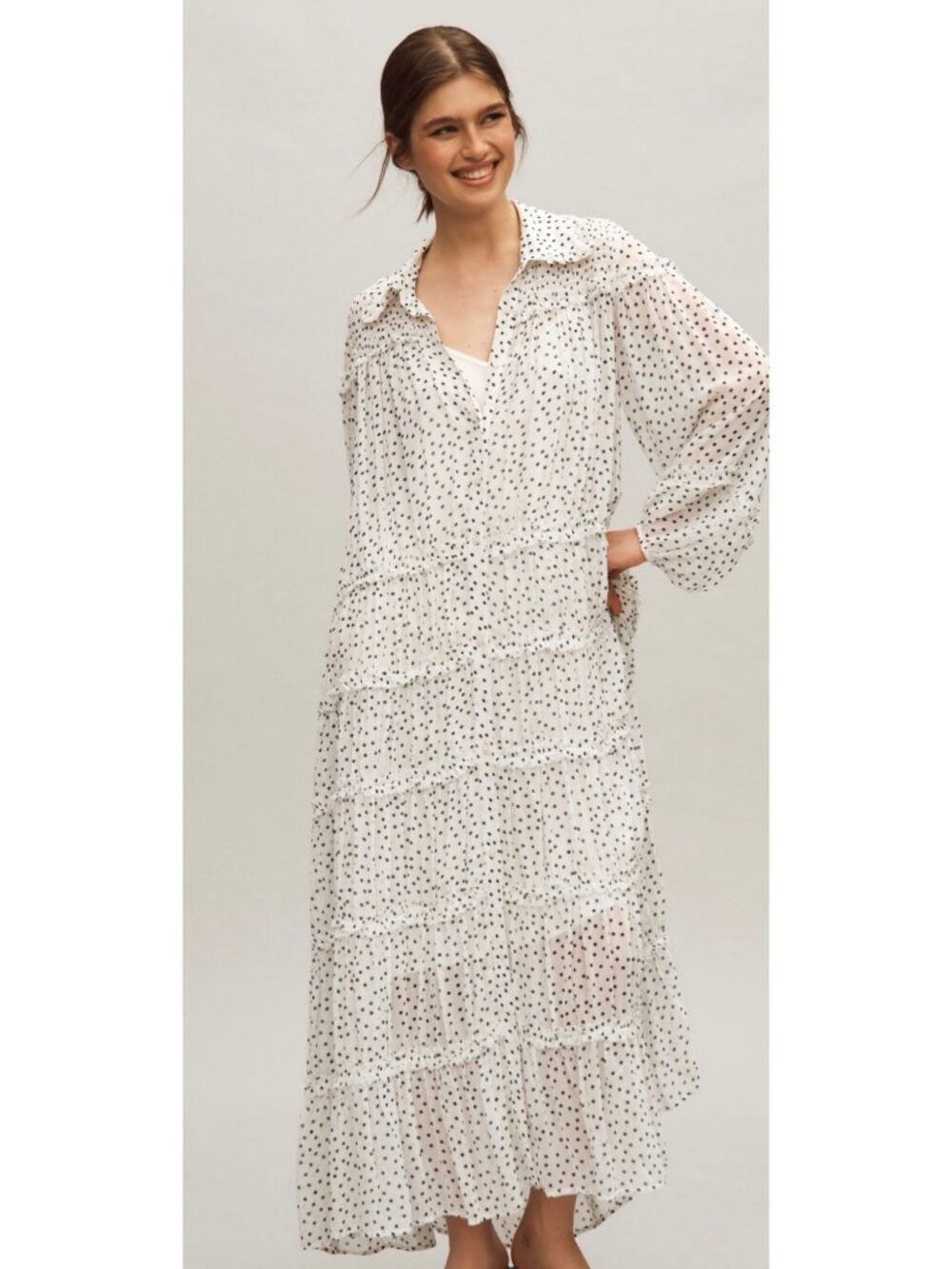 ANTHROPOLOGIE Long Sleeve Smocked Tiered Maxi Dress L White/Black Polka Dot - Picture 4 of 16